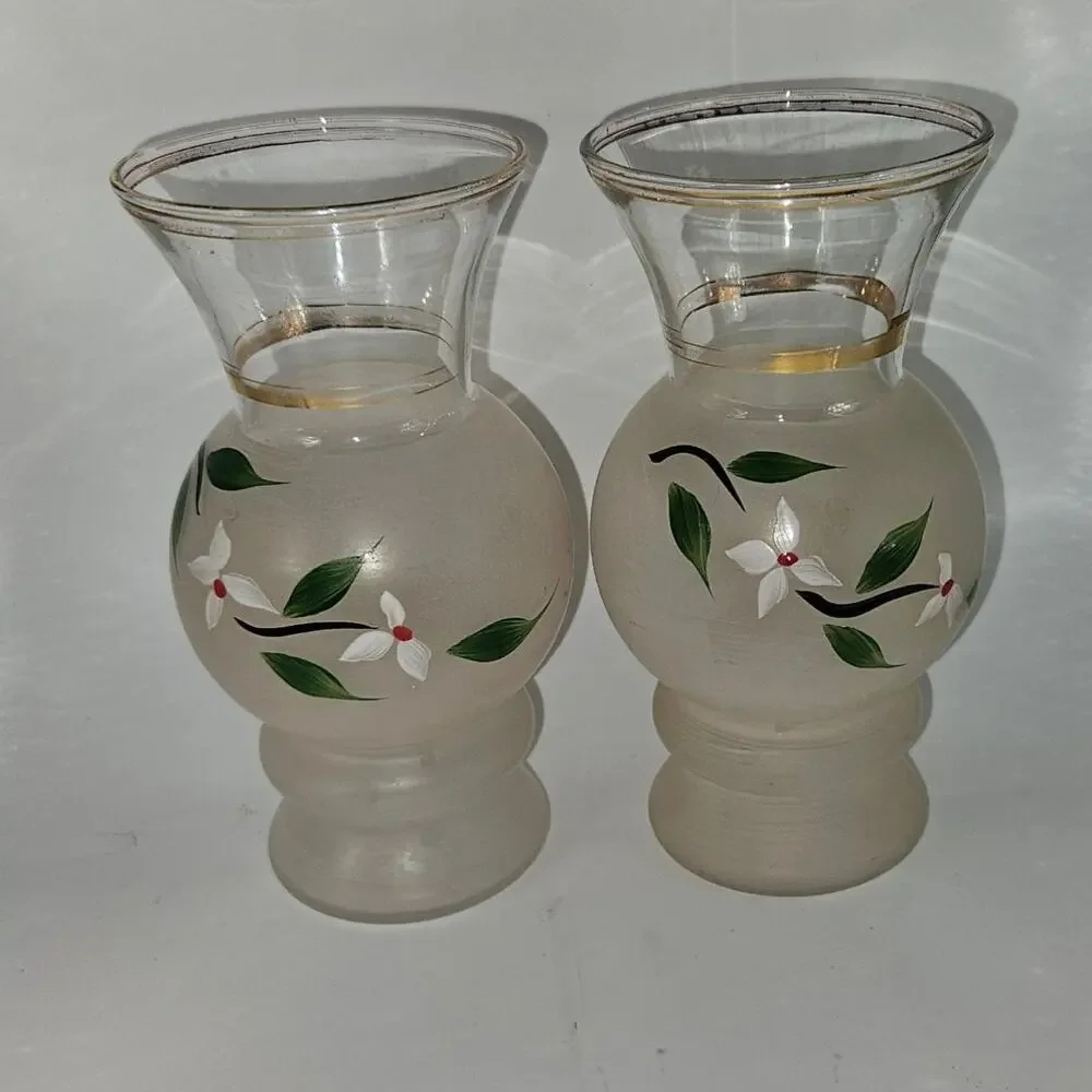 Vintage Frosted Glass Floral Bud Vases Gold Trim – Pair 6" Tall - Picture 1 of 8